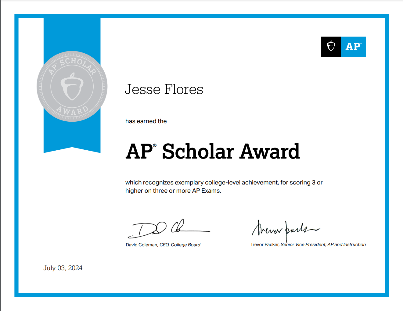 AP Scholar (high school senior year)